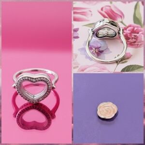 S925 Sparkling Heart Floating Locket Ring with Pink Rose Petite- Size 9